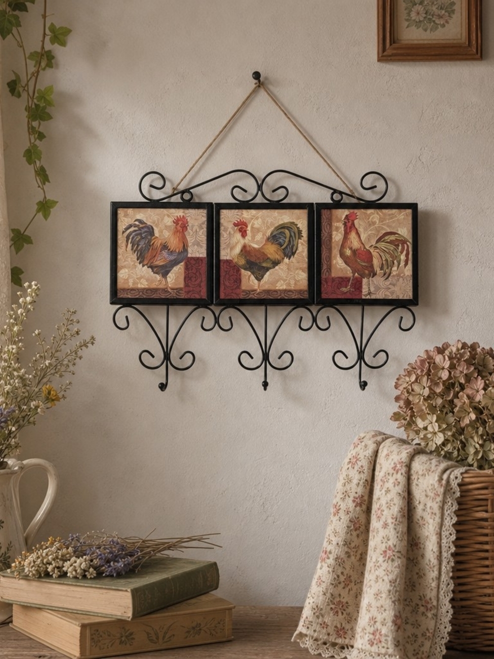 Vintage Rooster Wall Rack – Wrought Iron Frame
